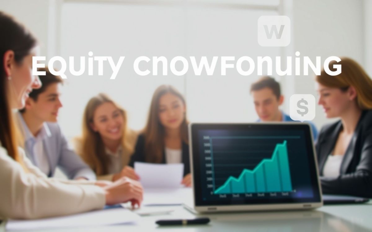 Equity crowdfunding concept with blurred figures and growth chart, representing startup funding.