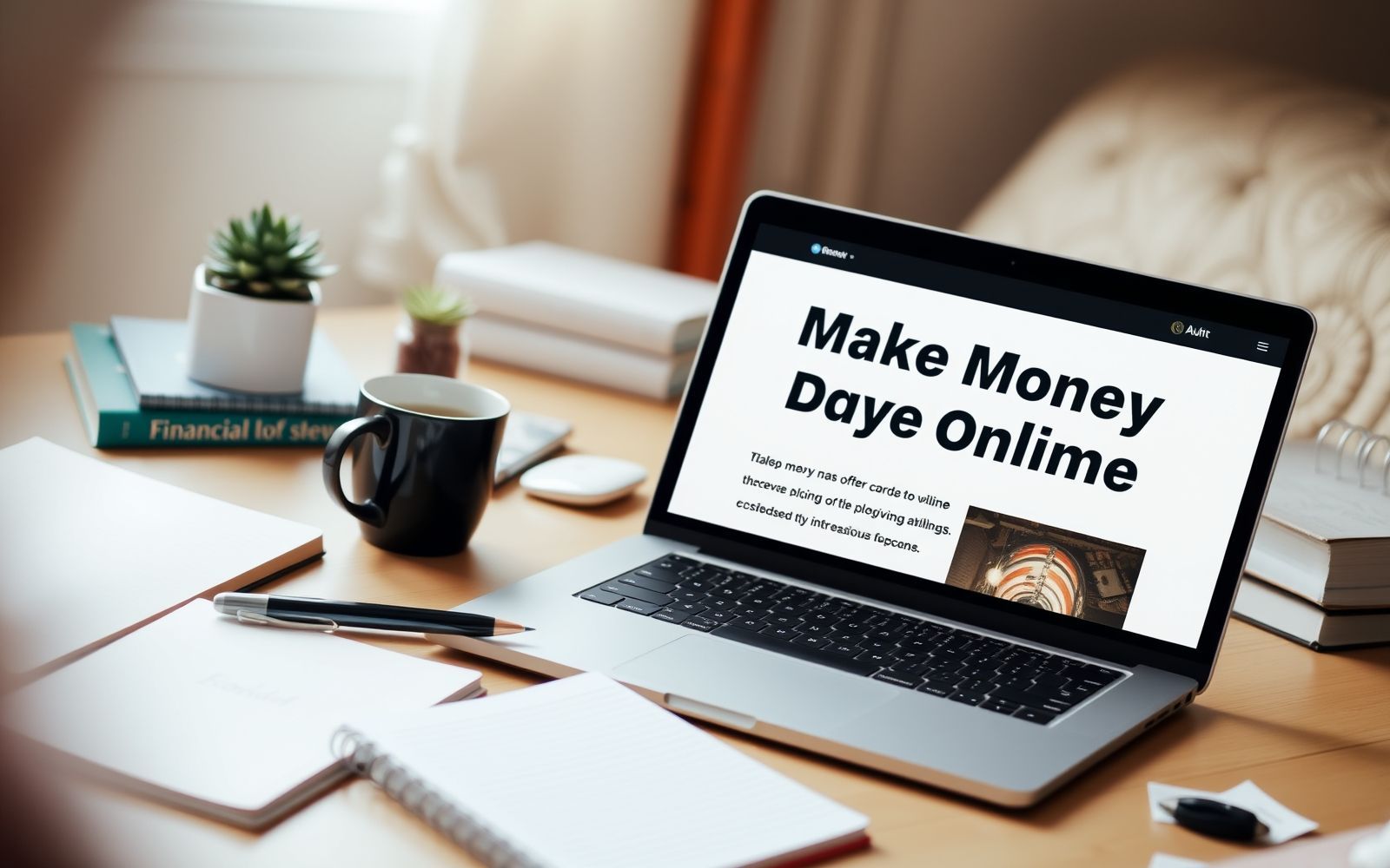 Blogging for beginners workspace, laptop displaying money making blog post