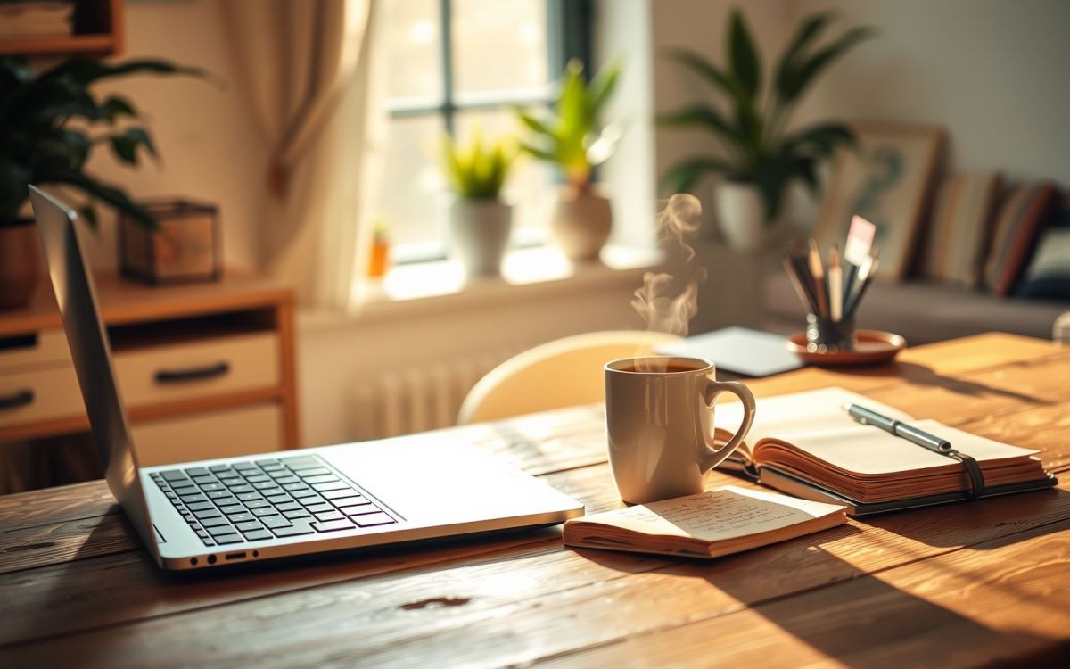 Remote work setup for freelancers: laptop, coffee, notebook