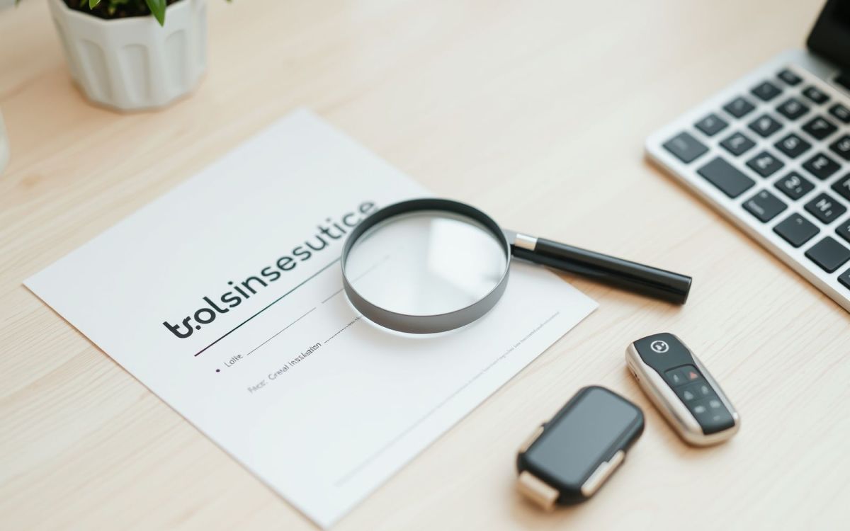 Magnifying glass over abstract insurance documents for comparing car insurance quotes effectively, with car keys on a desk.