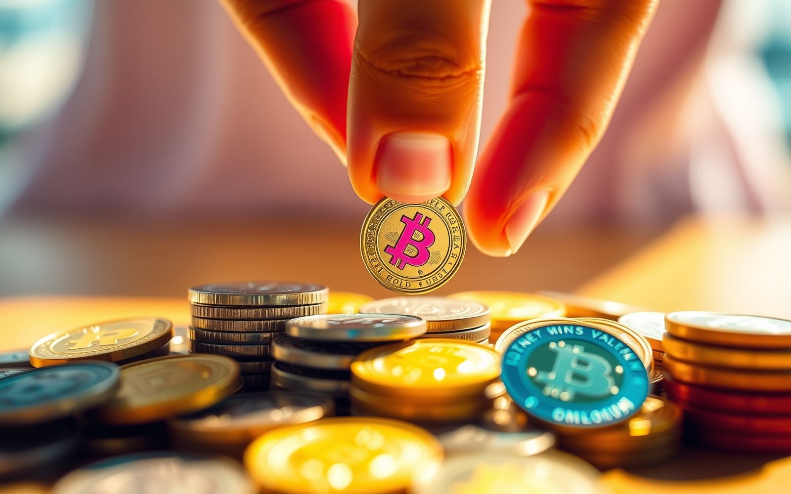 Hand placing a colorful coin, symbolizing altcoin investing.