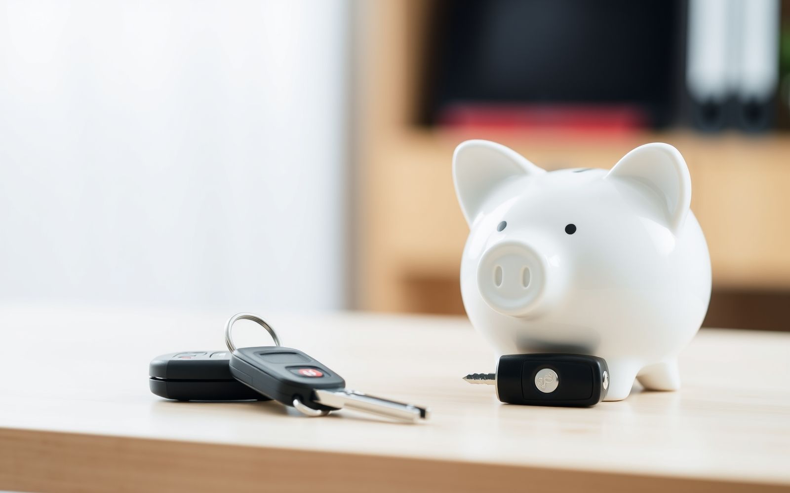 Piggy bank and car keys representing saving money with competitive auto loan rates.