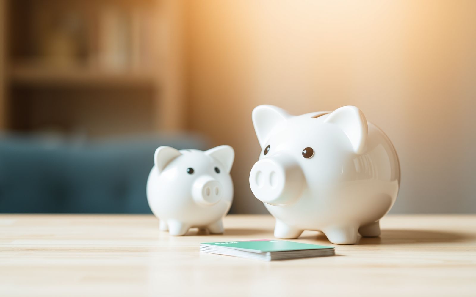 A piggy bank next to a stack of cards, representing savings with balance transfer cards.