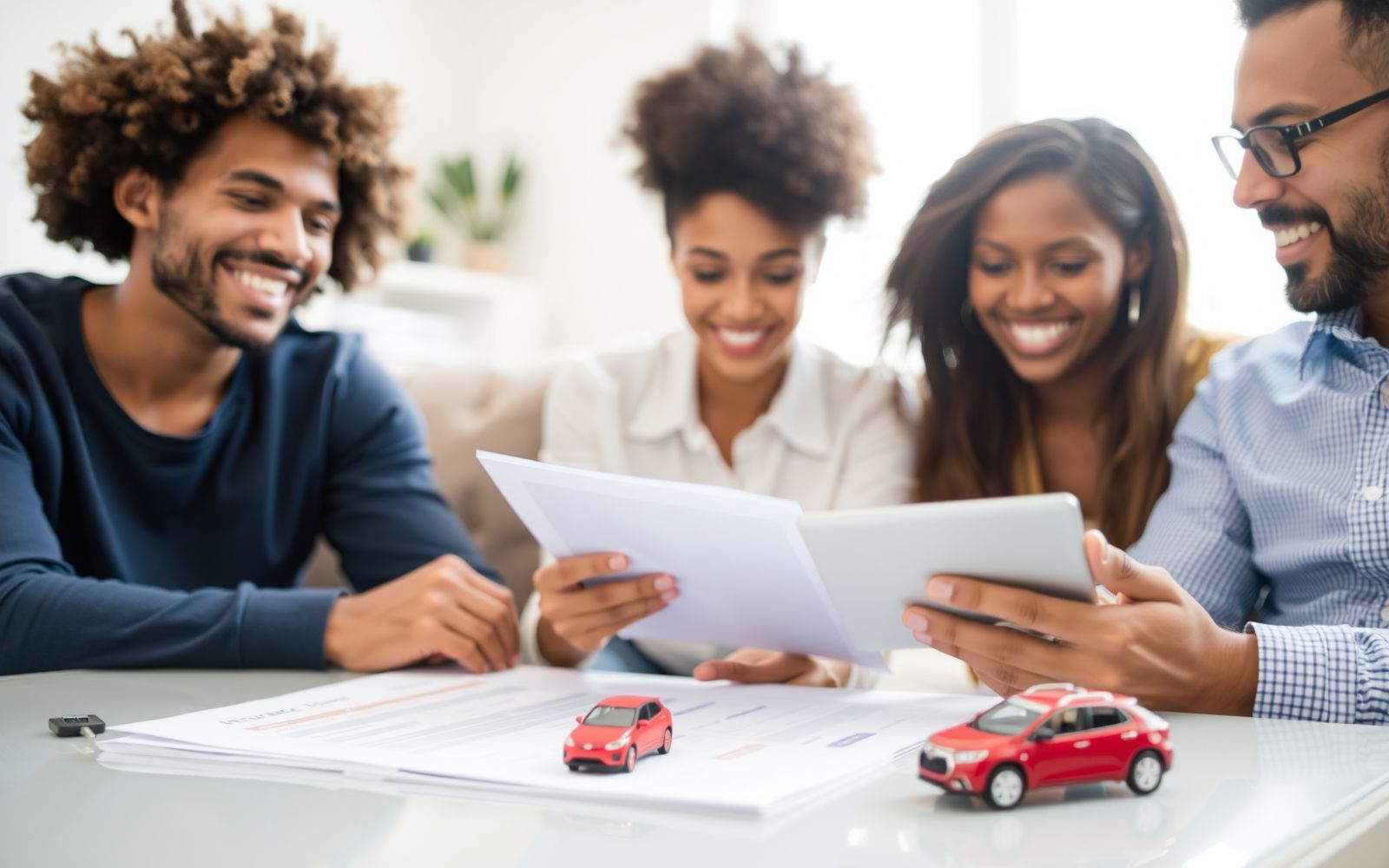 Group reviewing best car insurance options on a tablet.