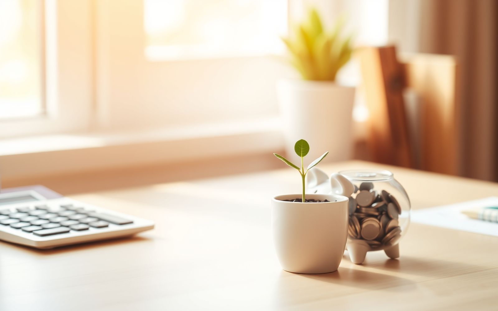 A bright, optimistic setup showing items representing the best debt consolidation loans: a calculator, piggy bank, and green sprout.