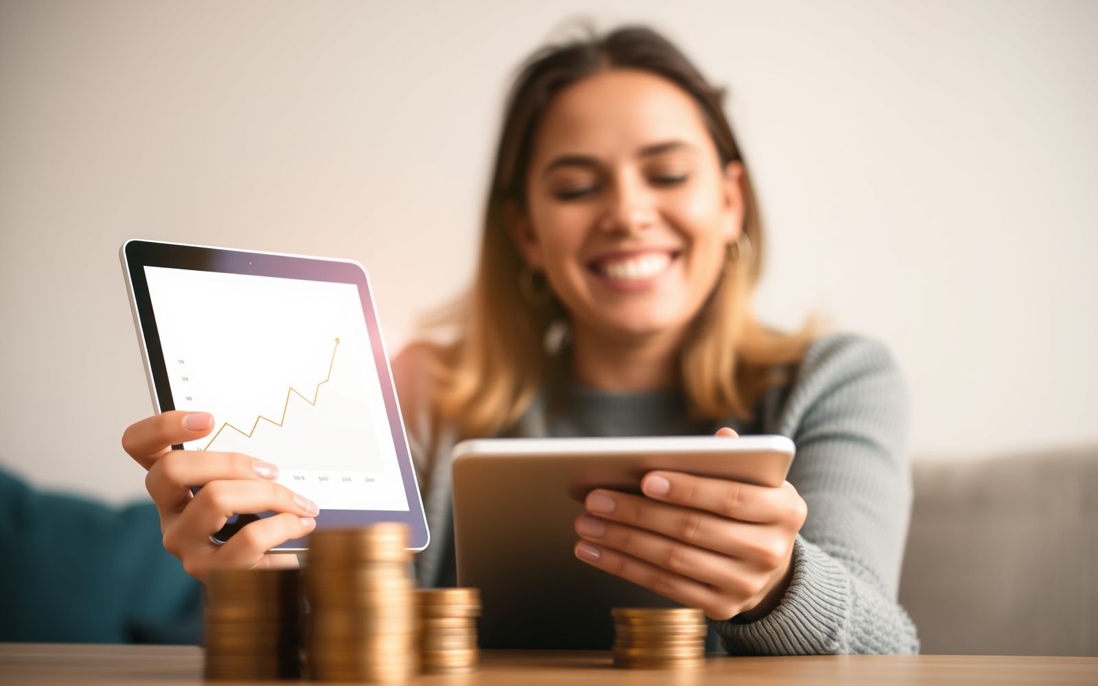 Person happy looking at tablet showing growing savings in a high-yield account.