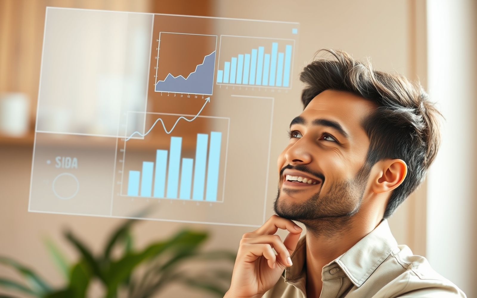 Entrepreneur reviewing digital charts, representing the use of a business plan template for growth.