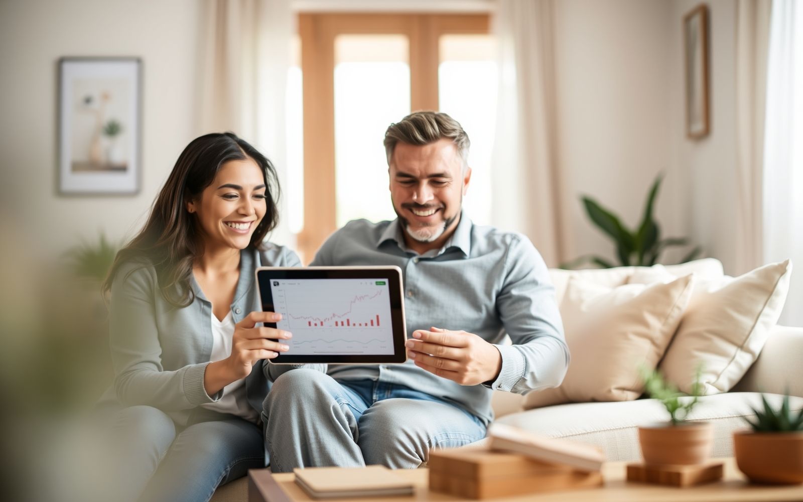 Couple happily reviewing options to find the best mortgage lenders on a tablet.