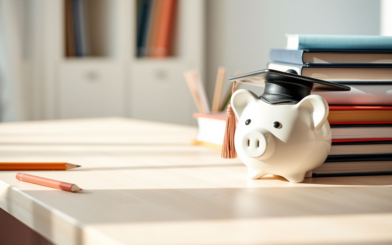 Graduation cap piggy bank next to books, representing savings with college savings plans (529).