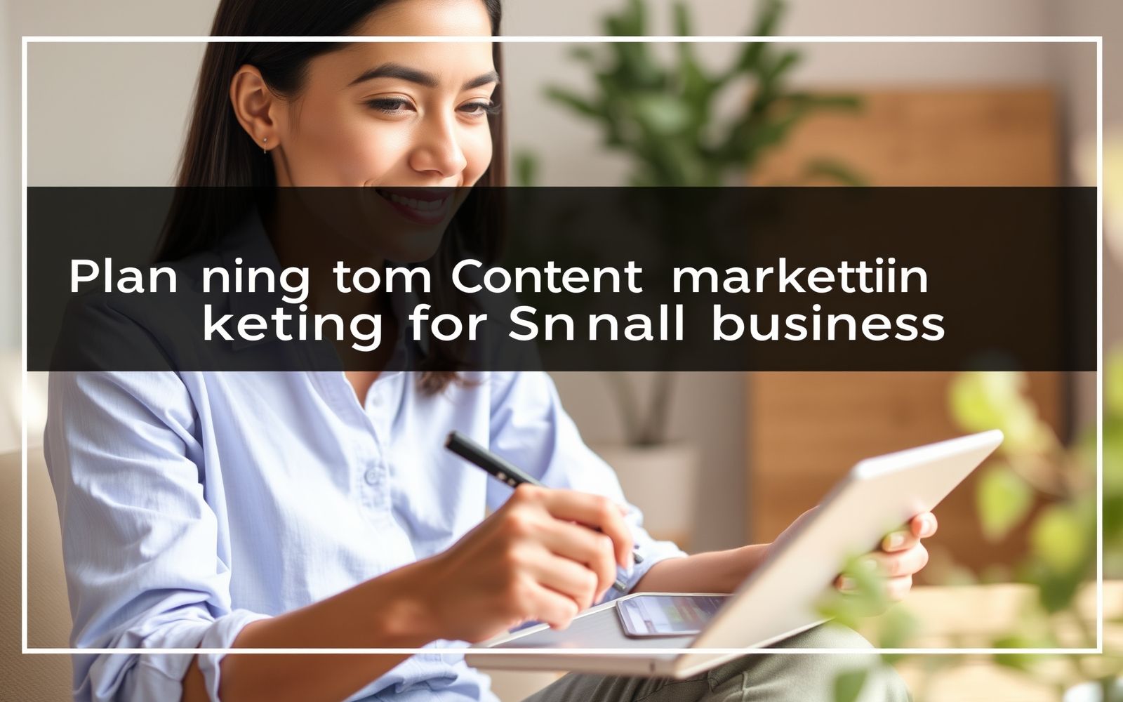 Person planning content marketing for small business on a tablet in a bright, calm setting.