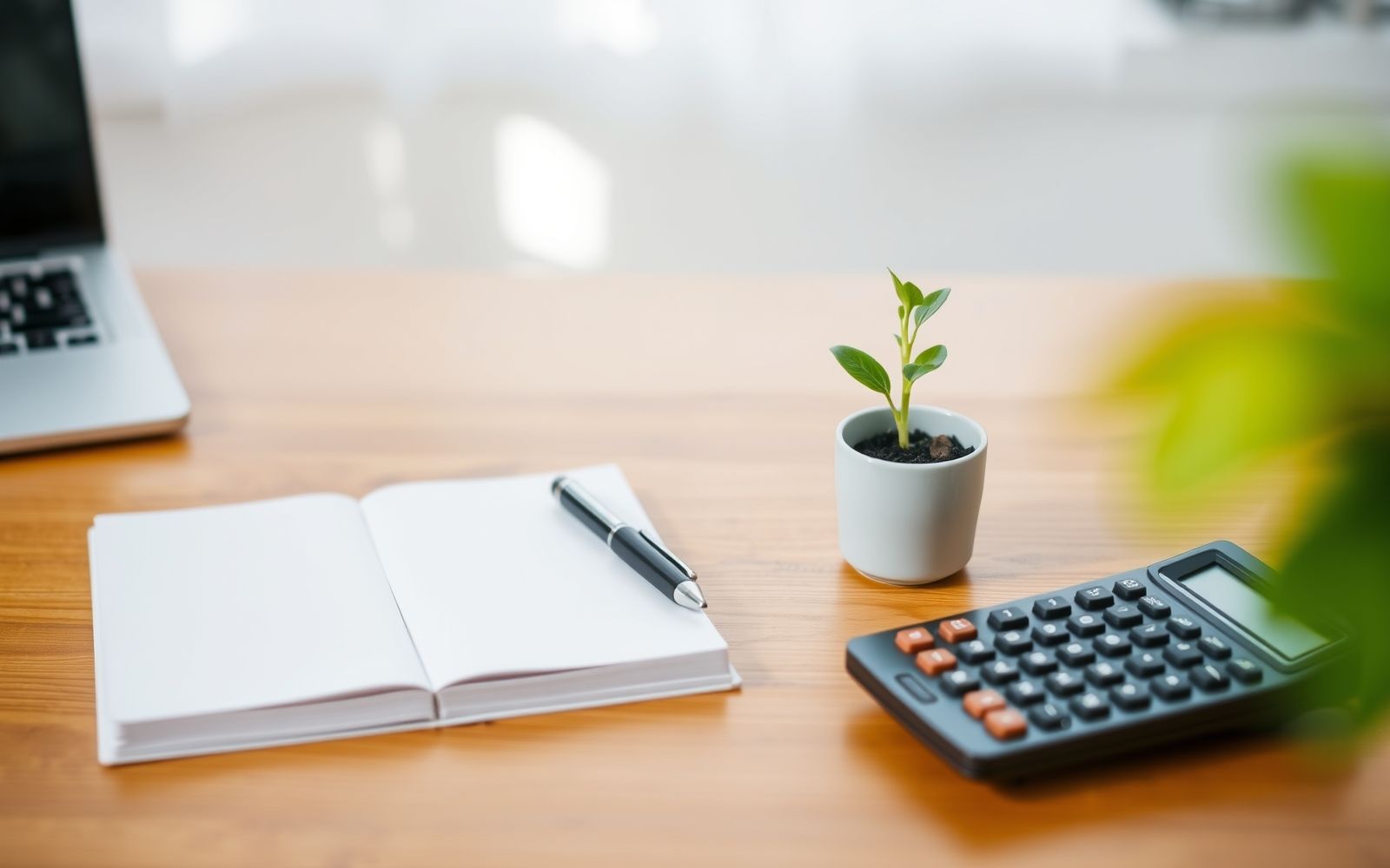 Desk setup for creating a personal financial plan with notebook, pen, calculator, and growing plant.