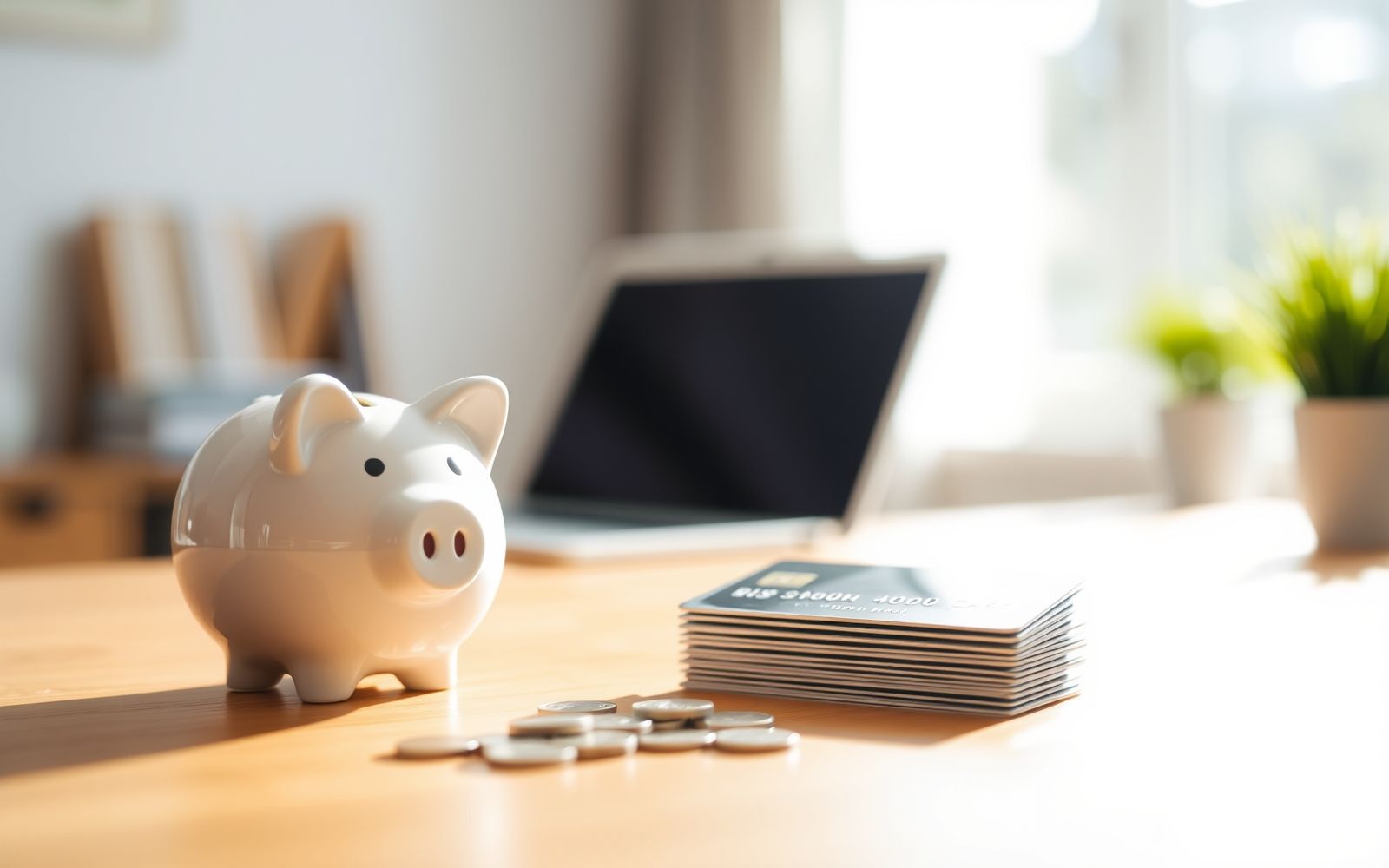 Soft focus image of a piggy bank and blurred credit cards symbolizing overcoming credit card debt and achieving financial wellness.