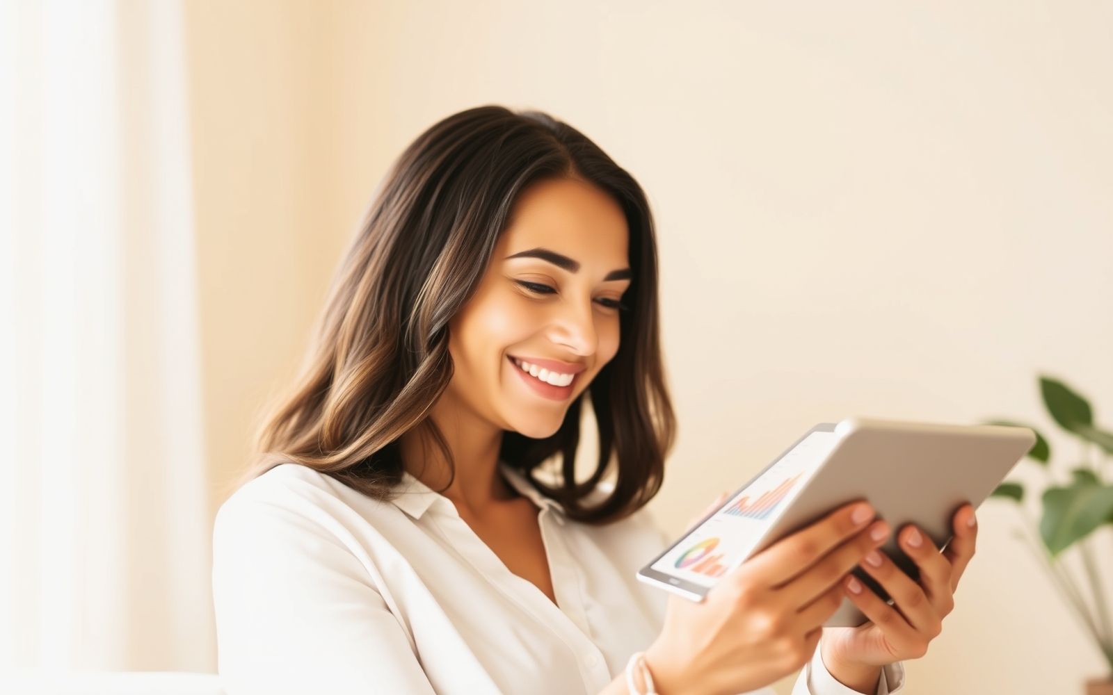 Person reviewing positive business growth charts on a tablet, representing CRM software for small business benefits.