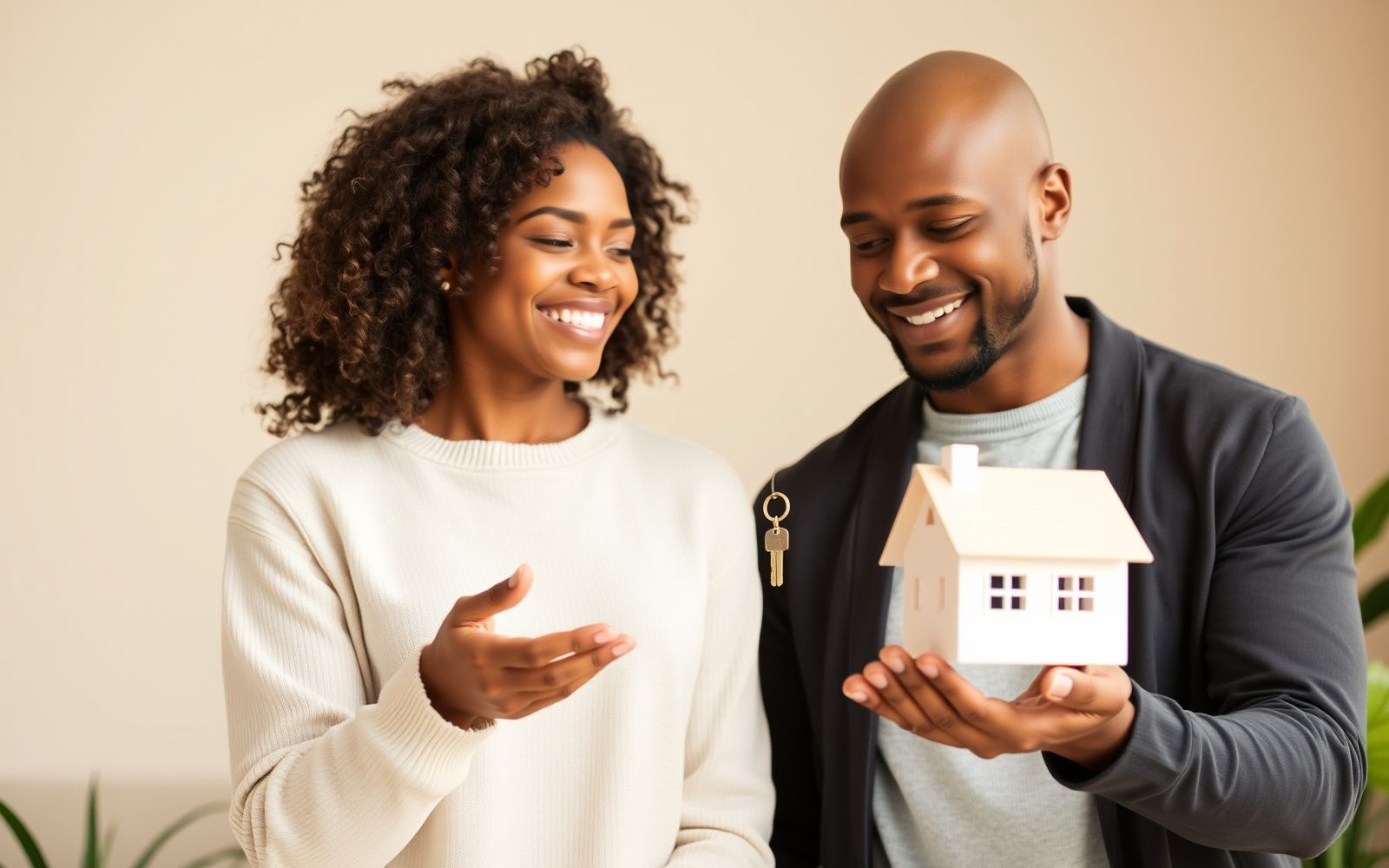 Couple happily reviewing documents, representing understanding current mortgage rates for home purchase.