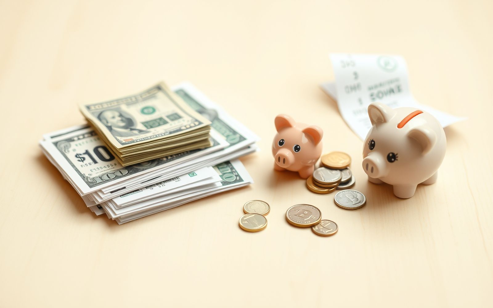 Collection of coupons, piggy bank, coins, and receipt representing deals and discounts.