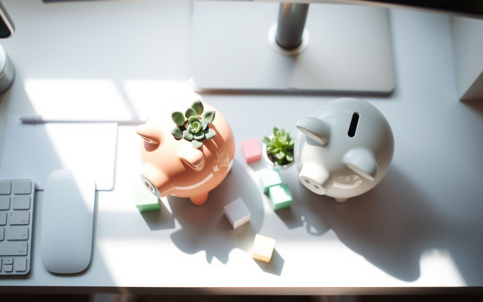 Streamlined piggy bank and abstract blocks on a bright desk representing debt consolidation loans.