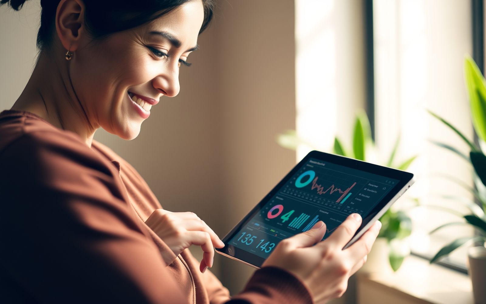 Person using a tablet showing data visualizations representing various digital marketing channels in a bright setting.