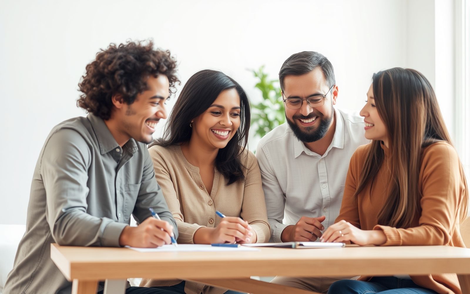 Diverse small business owners discussing effective marketing strategies for small businesses in a bright, optimistic setting.