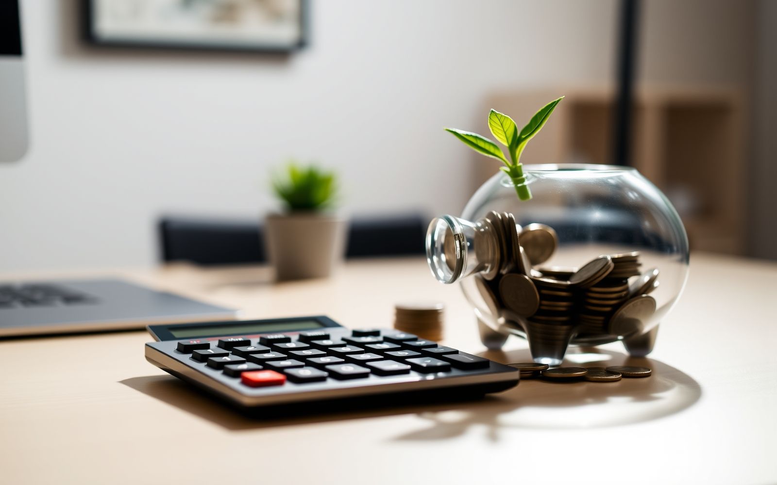 Calculator and piggy bank on a desk representing an emergency fund calculator tool for financial planning.