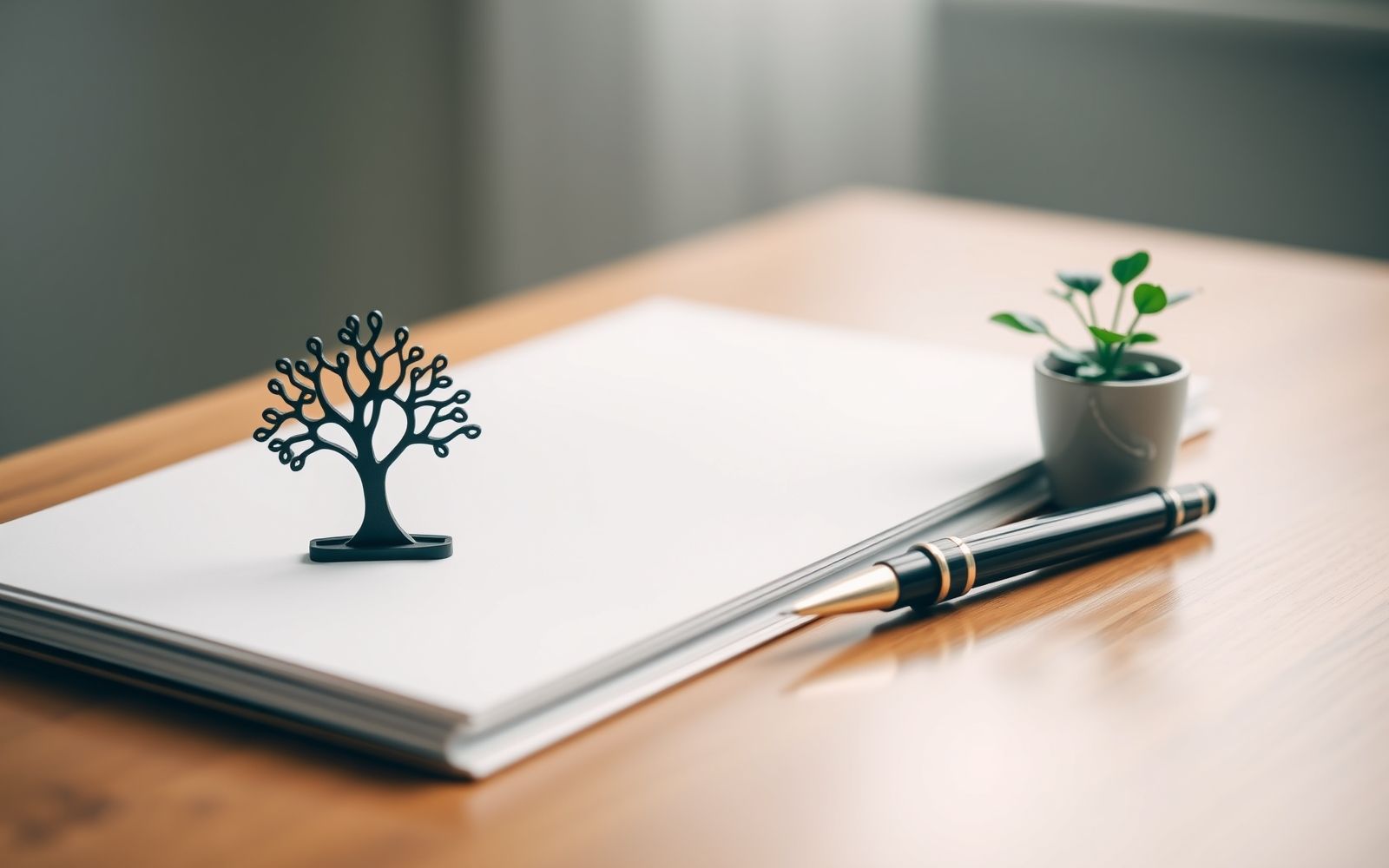 Desk scene representing estate planning basics with a stylized family tree, pen, and documents.