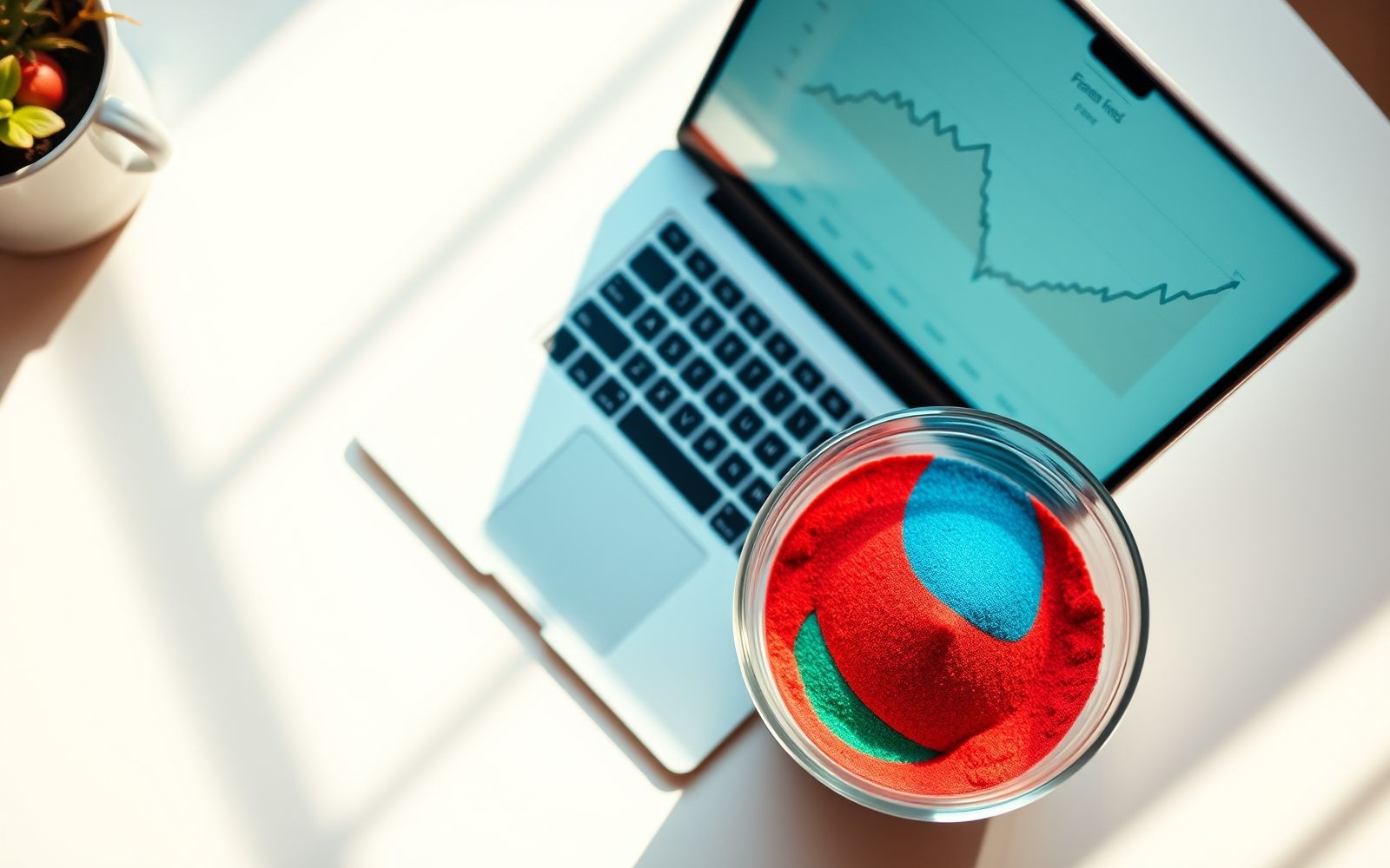 Glass container with colorful layered sand representing diversification in exchange traded funds on a bright desk.