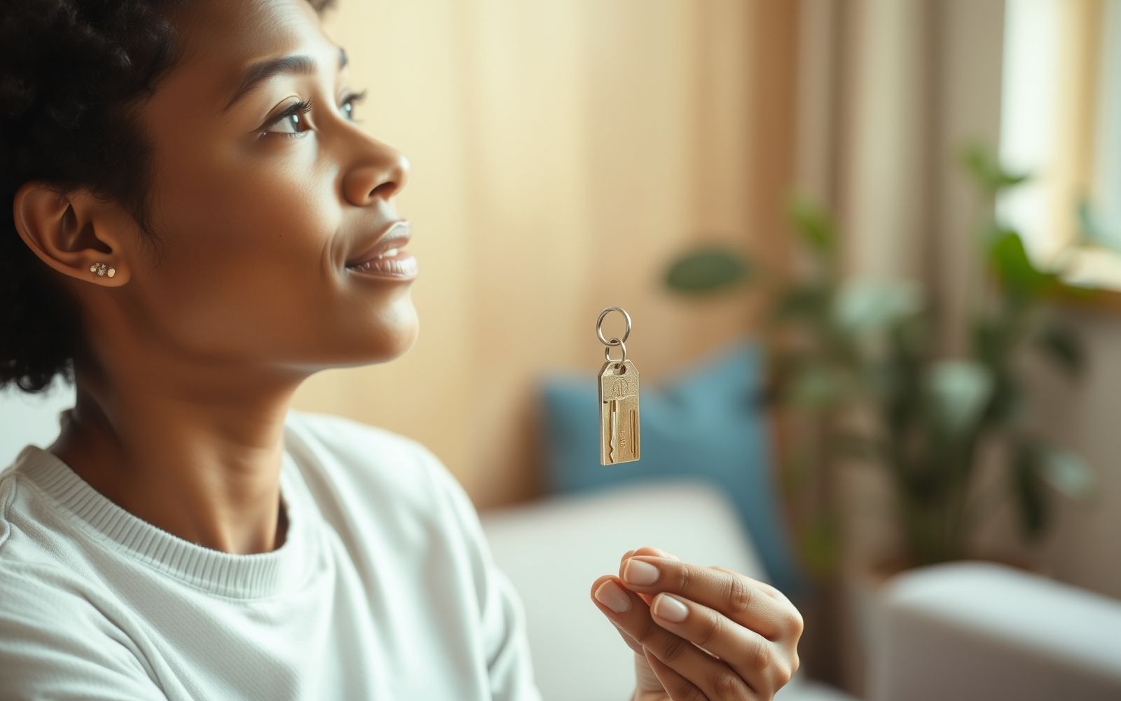Hopeful person holding house keys, considering options available through first-time home buyer programs for affordable housing.
