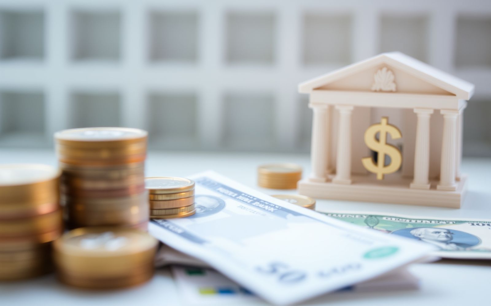 Abstract image showing coins, currency, government building, and central bank symbol representing fiscal policy vs monetary policy.