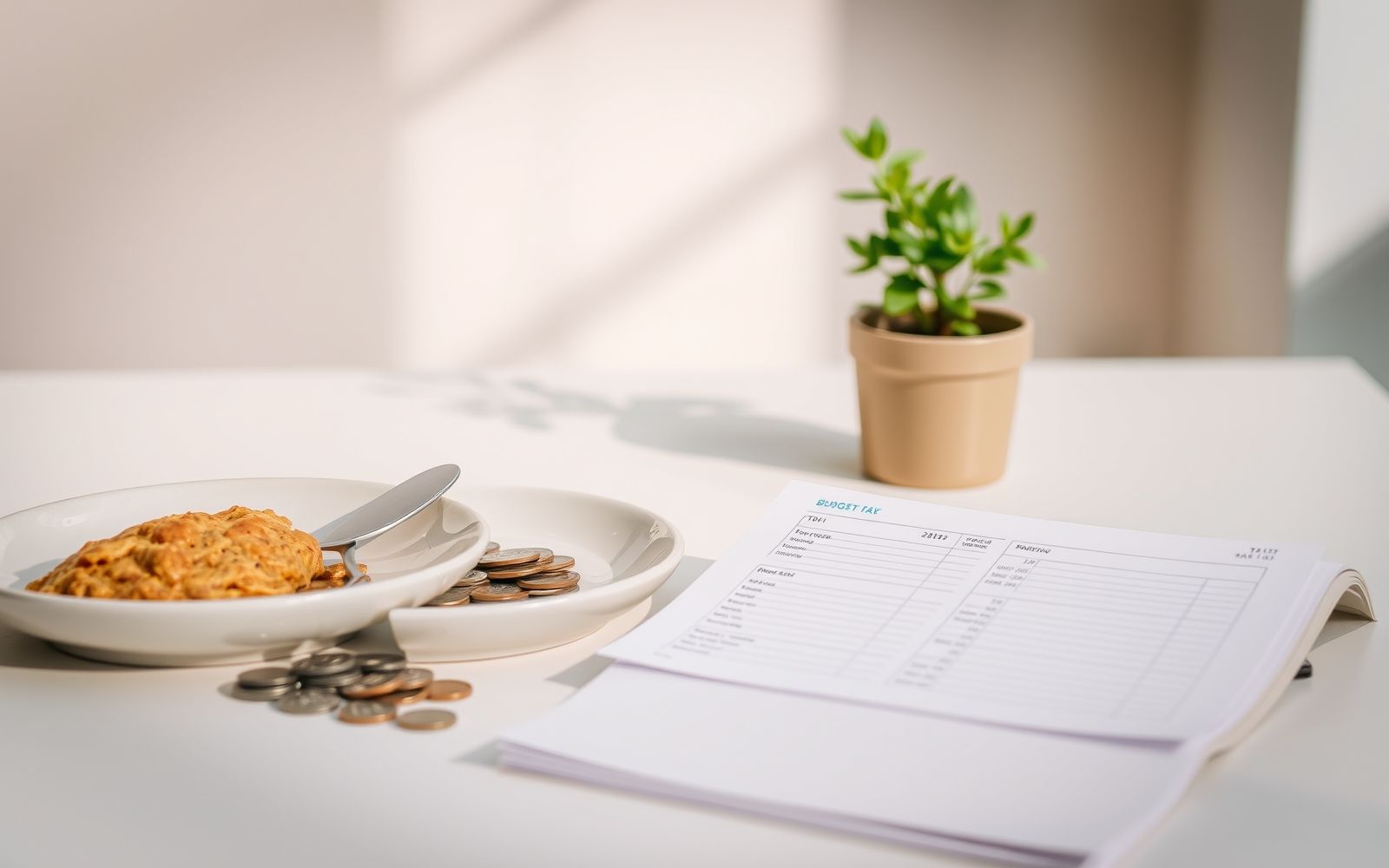 Coins next to a budget planner, representing frugal living.