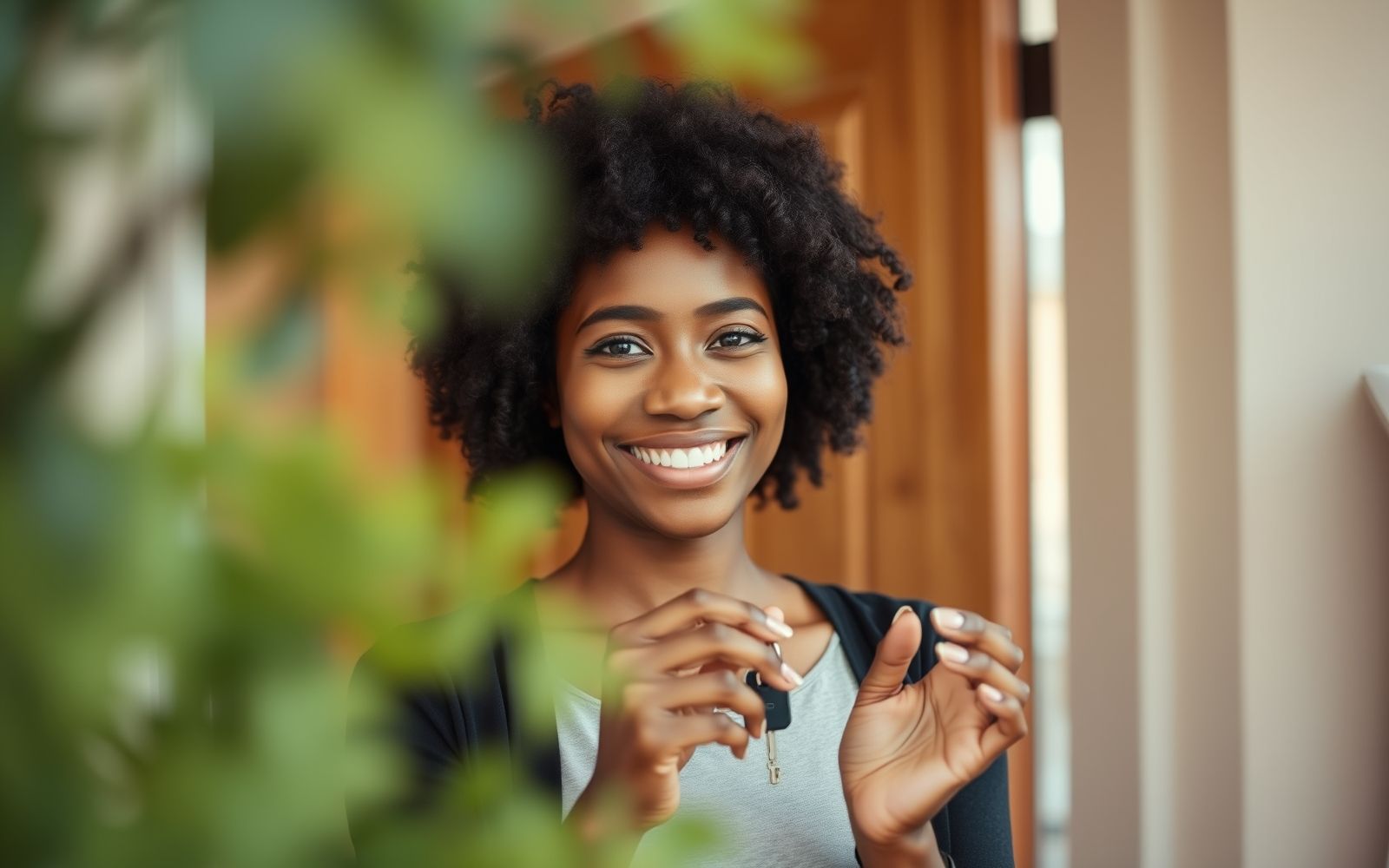 Person smiling holds keys, symbolizing the positive journey and achievement of homeownership.