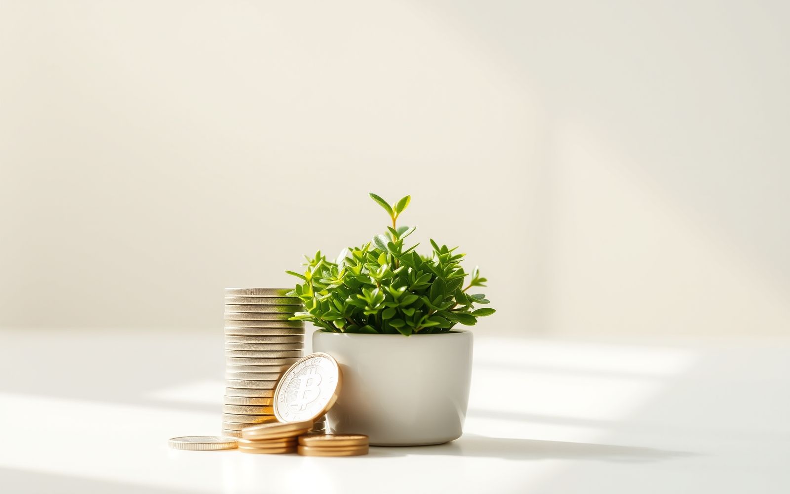 Stack of coins next to a plant, representing how to save money fast.