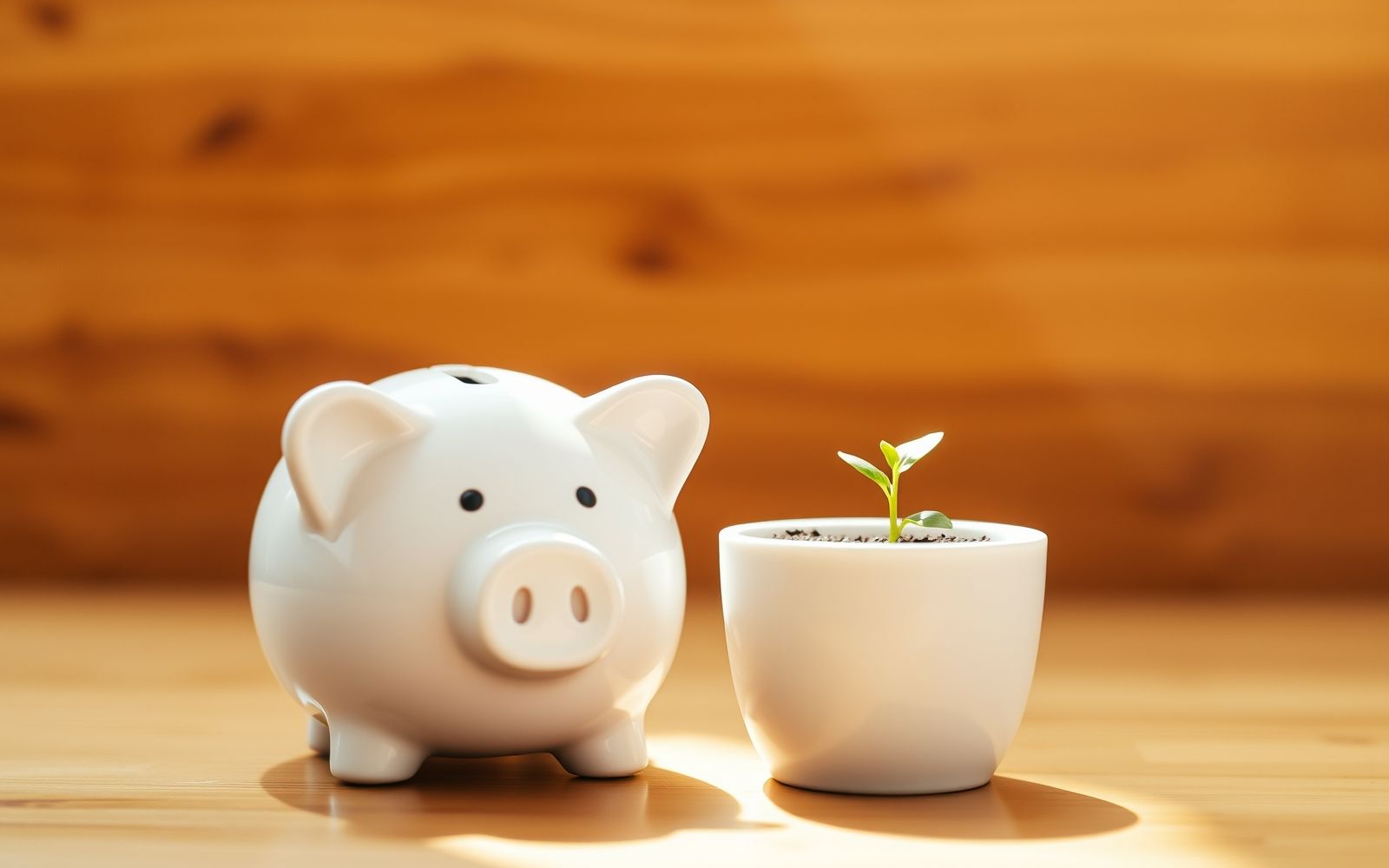 A piggy bank symbolizing the importance of an emergency fund sits beside a growing sprout, representing financial security.