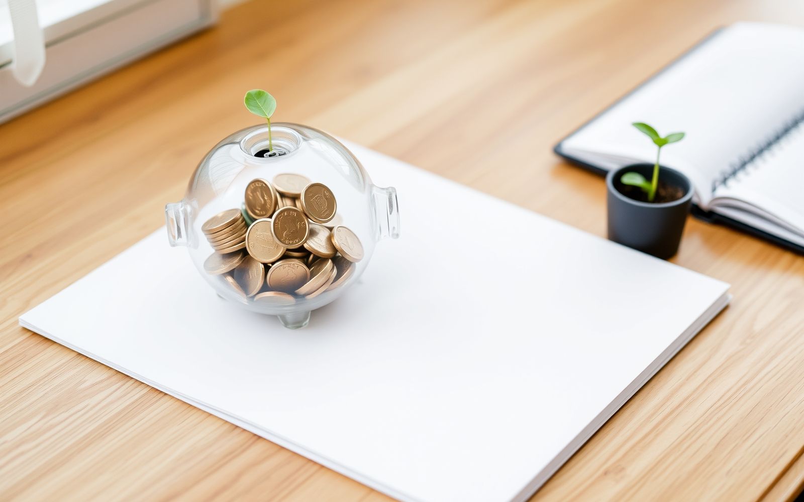 A bright, soft-focus image showing a piggy bank, planner, and small plant, symbolizing careful planning for managing financial windfalls.