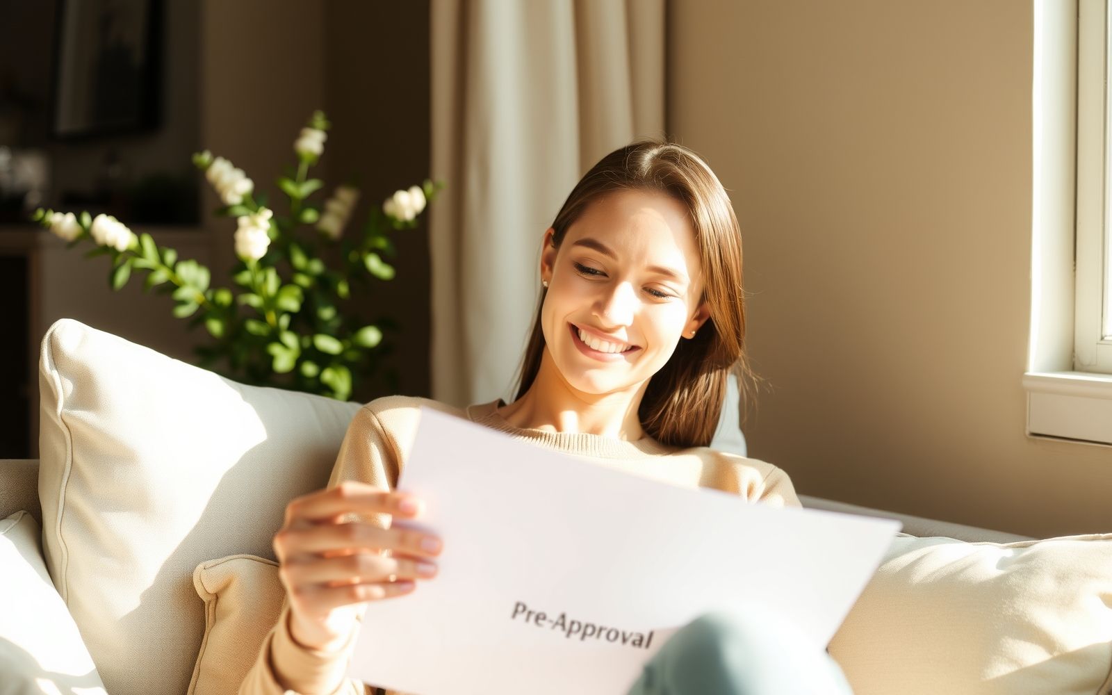 Person reviewing mortgage pre-approval document in a bright, calming setting, symbolizing financial readiness.
