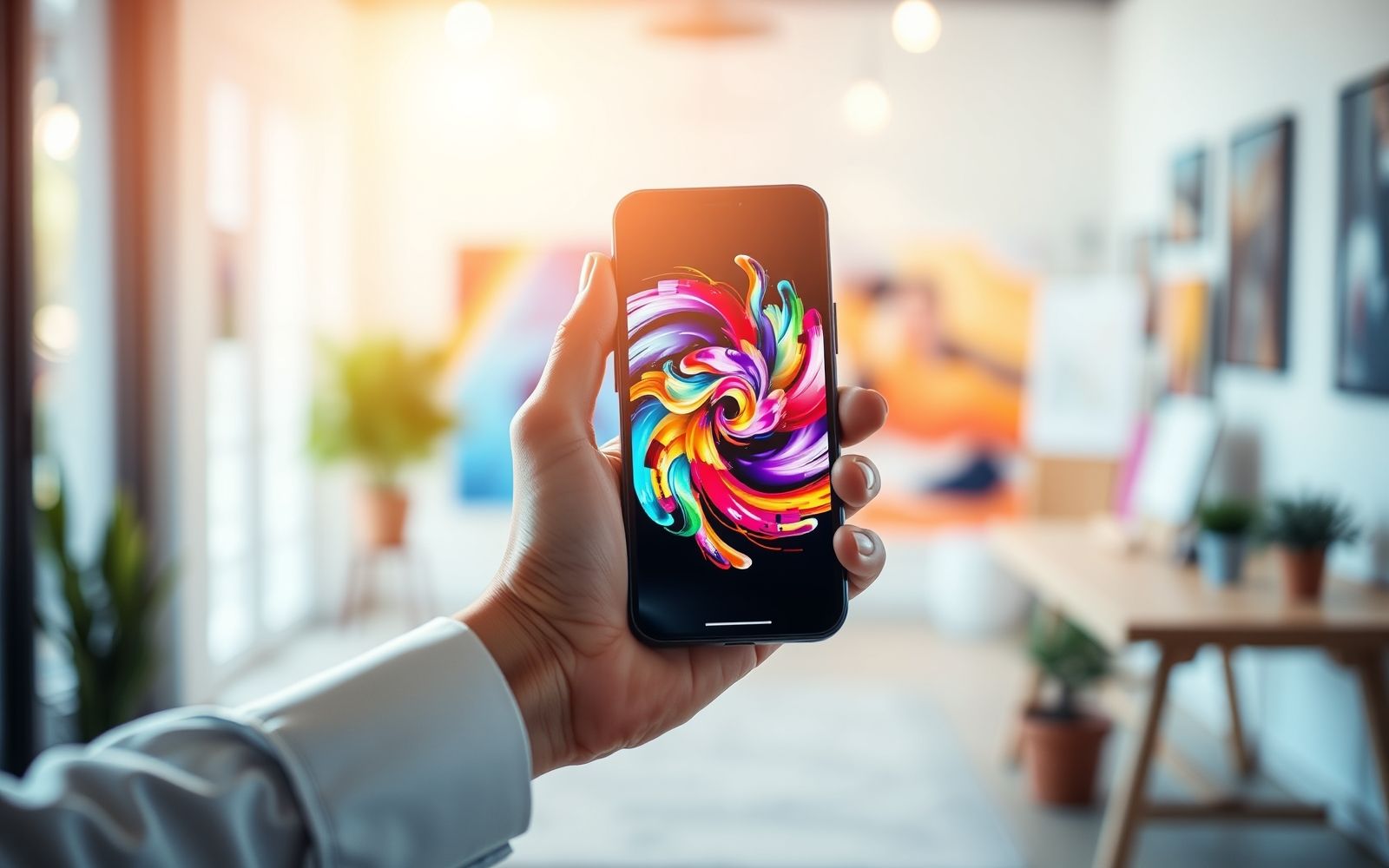 Hand holding phone displaying colorful NFT art.