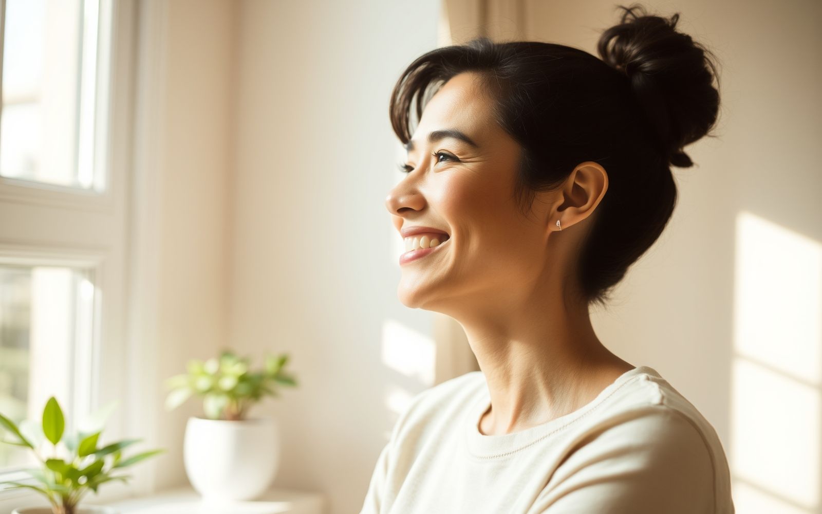 Person looking optimistically out a window, symbolizing positive outlook on securing favorable mortgage rates.