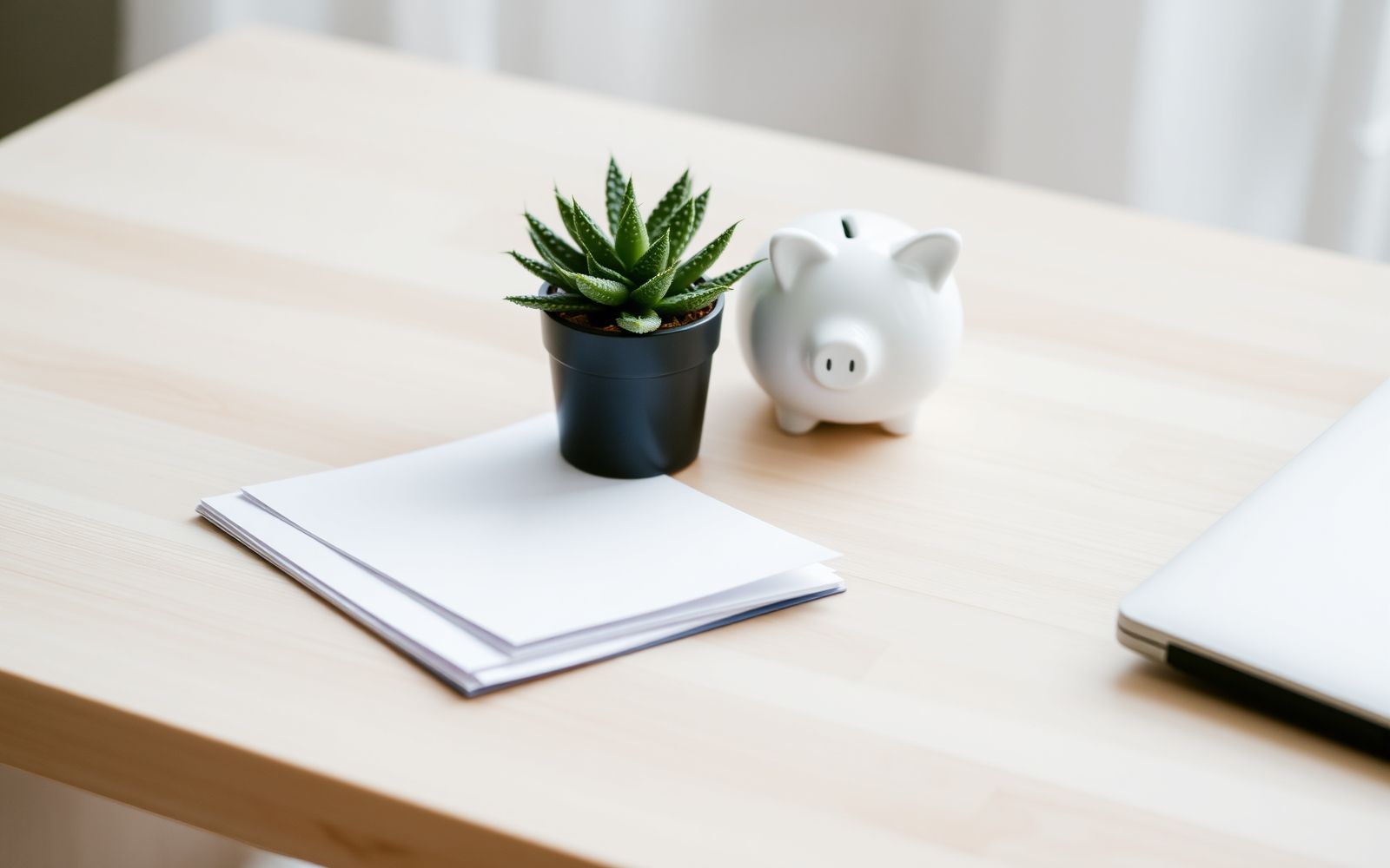 Organized desk with piggy bank and papers representing planning for personal loans.