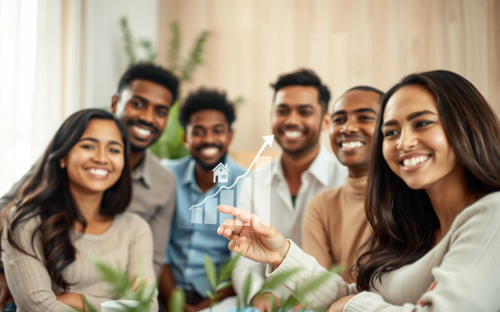 Diverse group analyzing real estate crowdfunding investment options on a digital screen, illustrating online property investing accessibility.