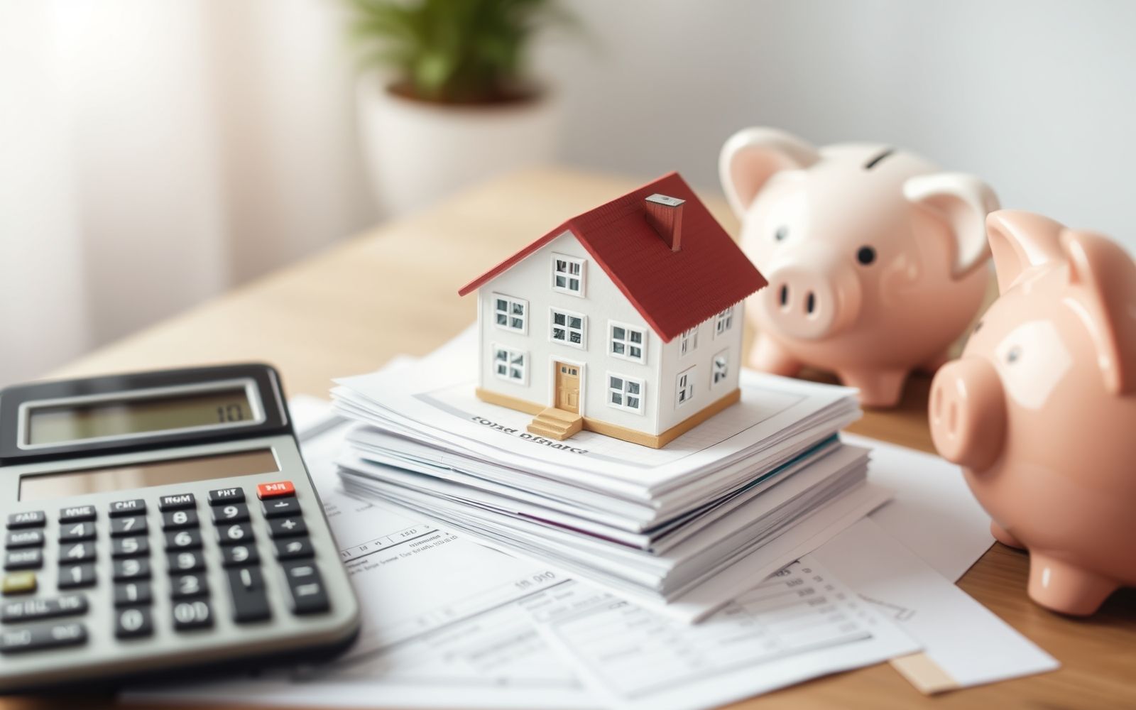 Miniature house, calculator, and documents illustrating the concept of refinance mortgage rates and home finance management.