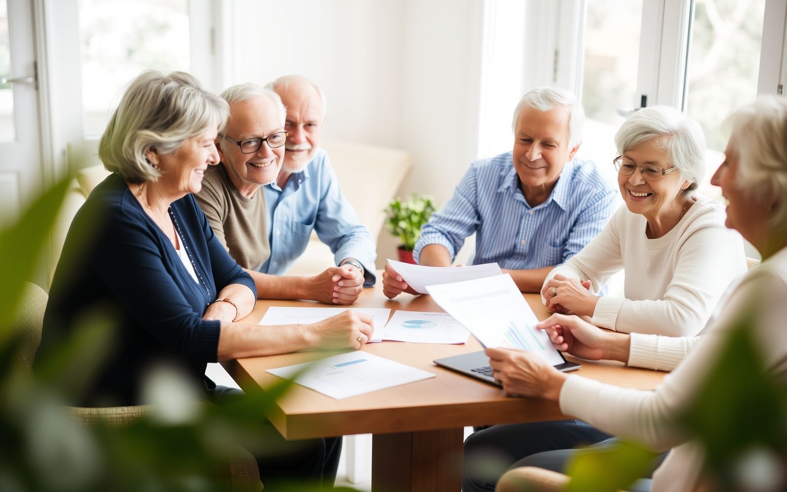 Seniors discussing retirement income strategies around a table.