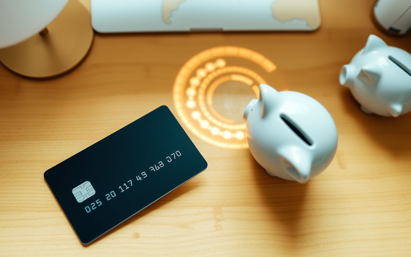Stylized representation of rewards credit cards showing a card, accumulating points, and a piggy bank.