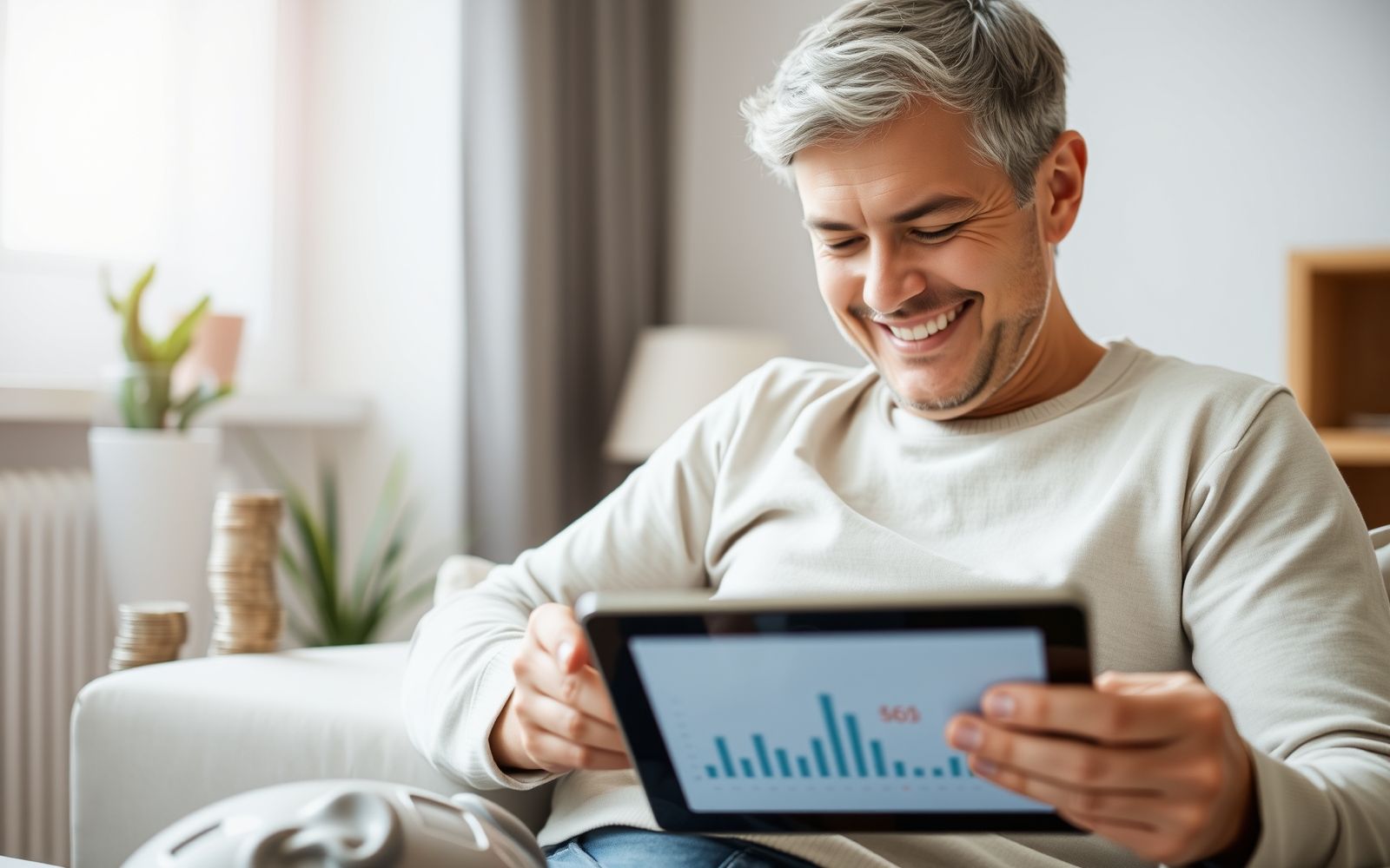 Person smiling while reviewing finances on a tablet, representing Roth vs Traditional IRA planning.