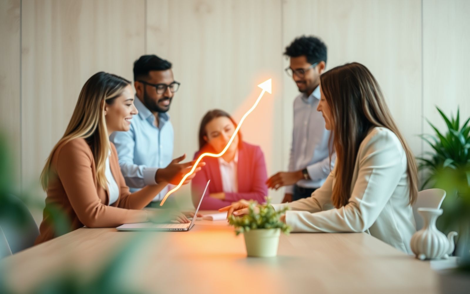 Professionals discussing strategies around a glowing graph, illustrating sales techniques to increase revenue.