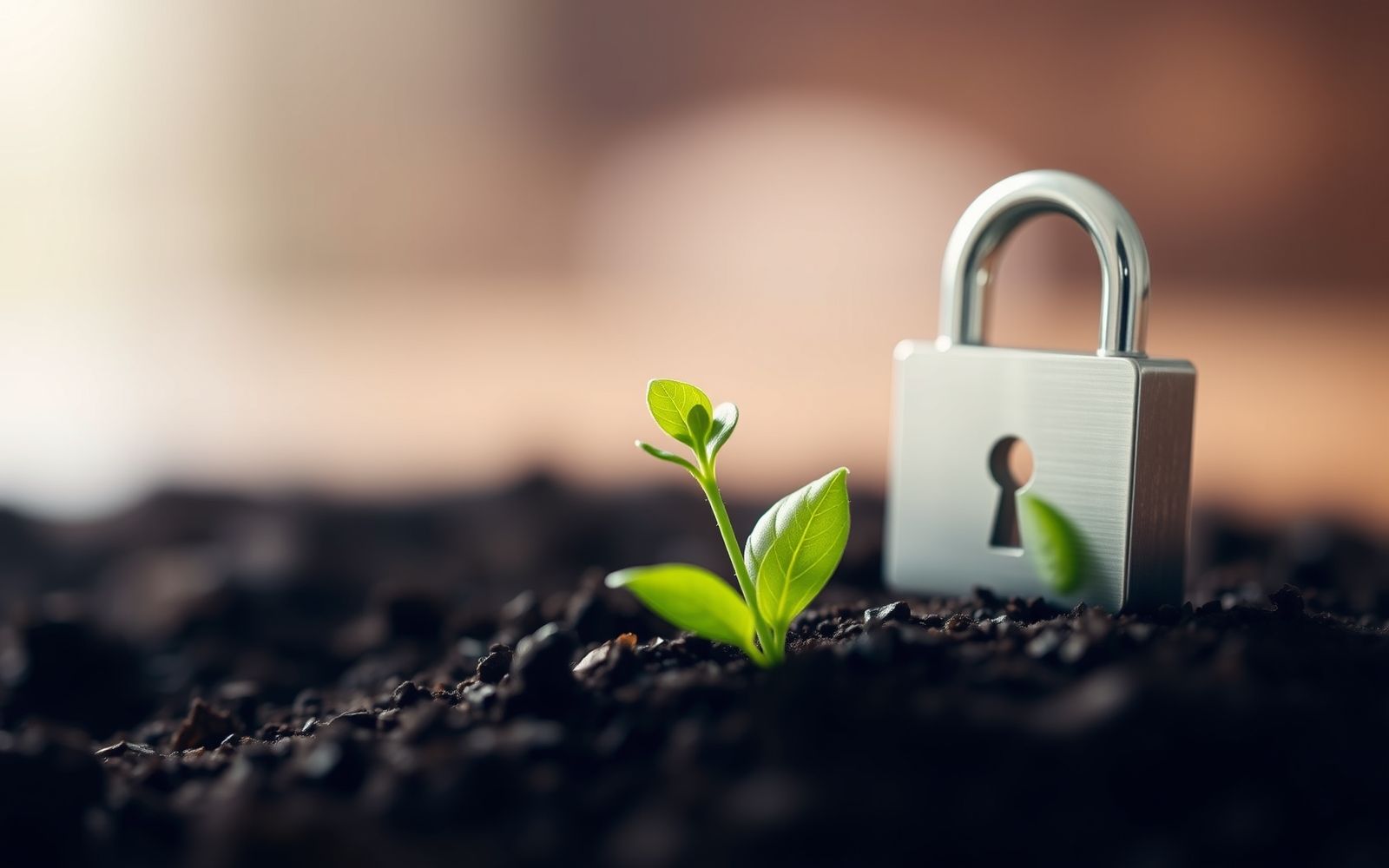 Small green sprout growing next to a silver lock icon representing secured credit cards for building financial security and credit.