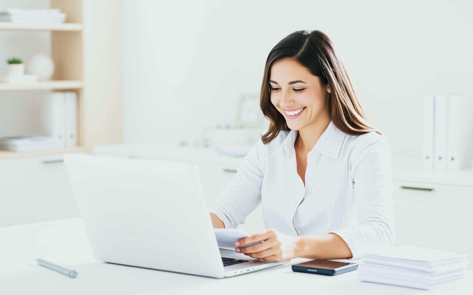 Happy self-employed person organizing tax deductions.