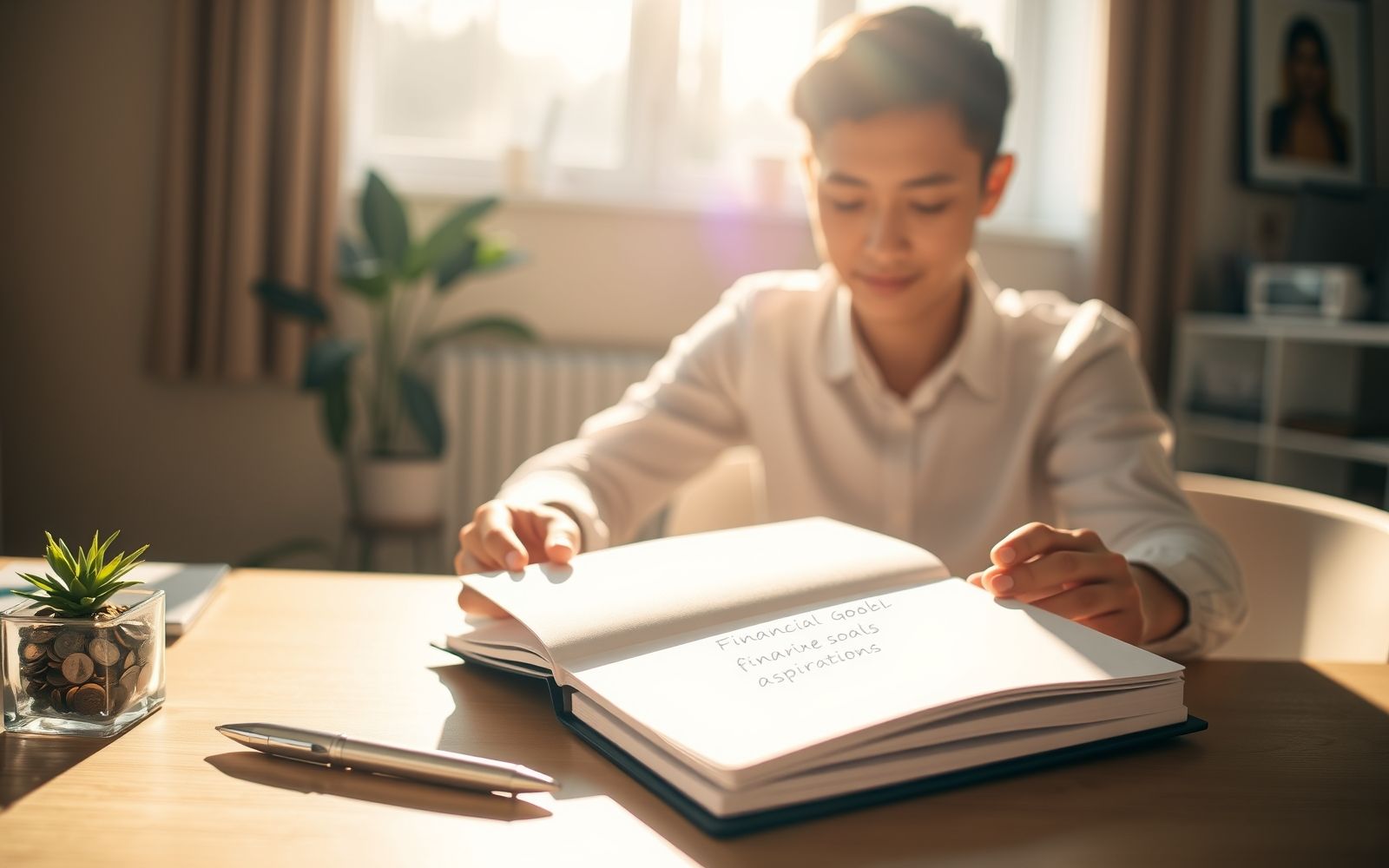 Person writing financial goals in a notebook.