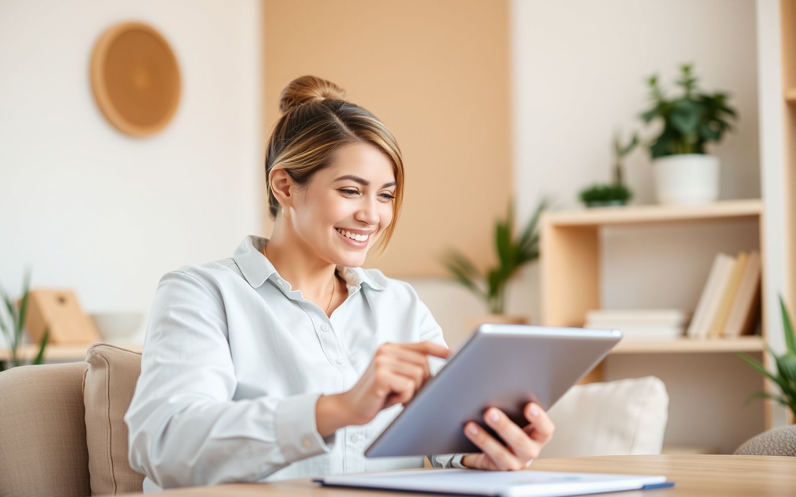 Optimistic entrepreneur reviewing finances on a tablet, considering small business loans for growth.