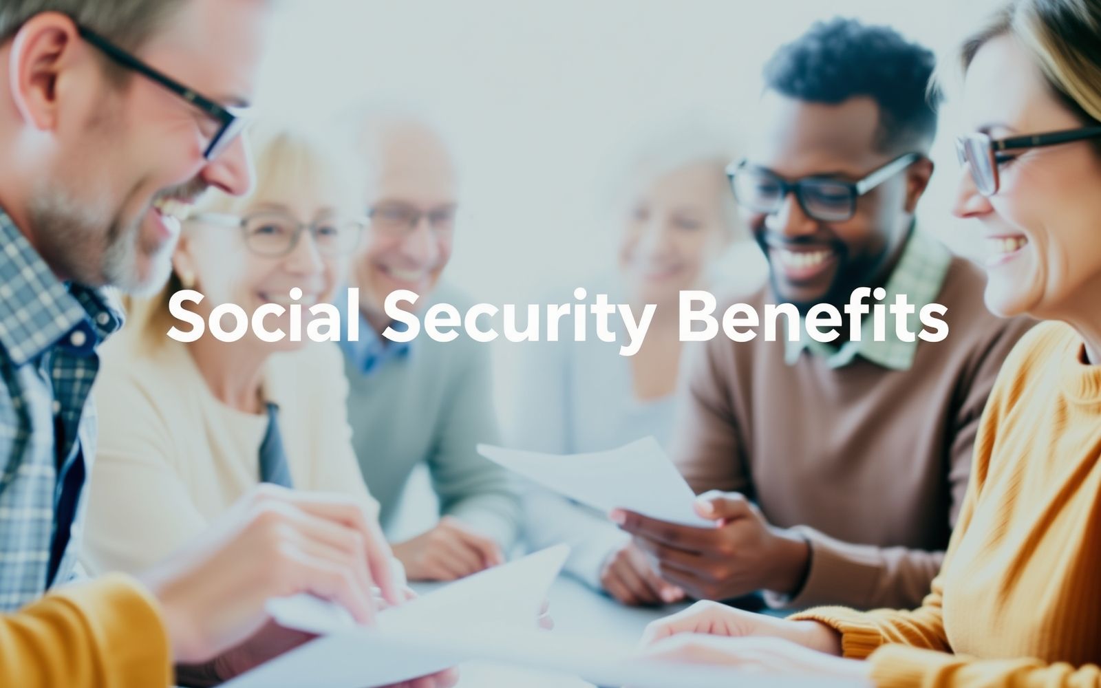 Group of people discussing social security benefits documents.