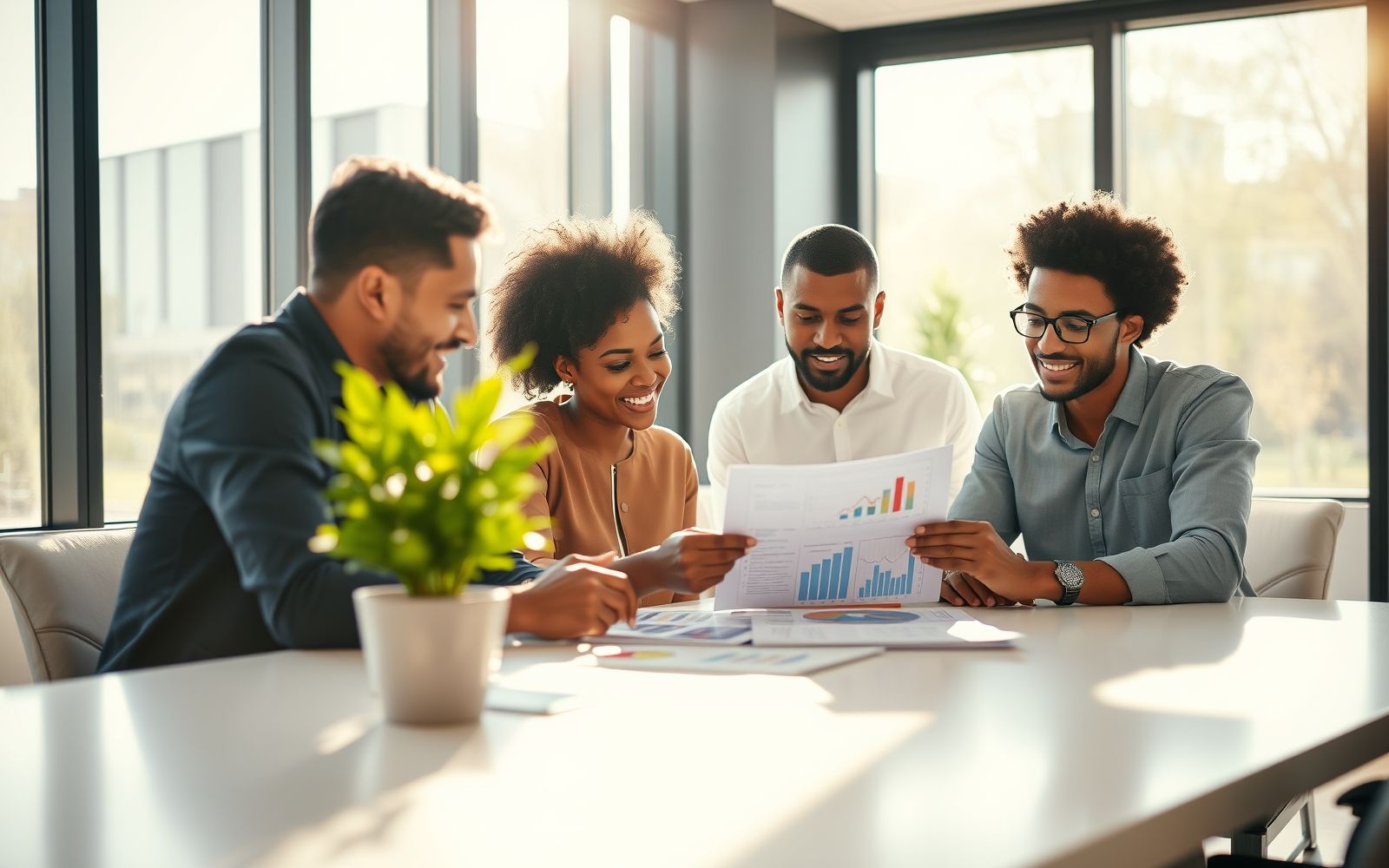 People discussing socially responsible investing documents.