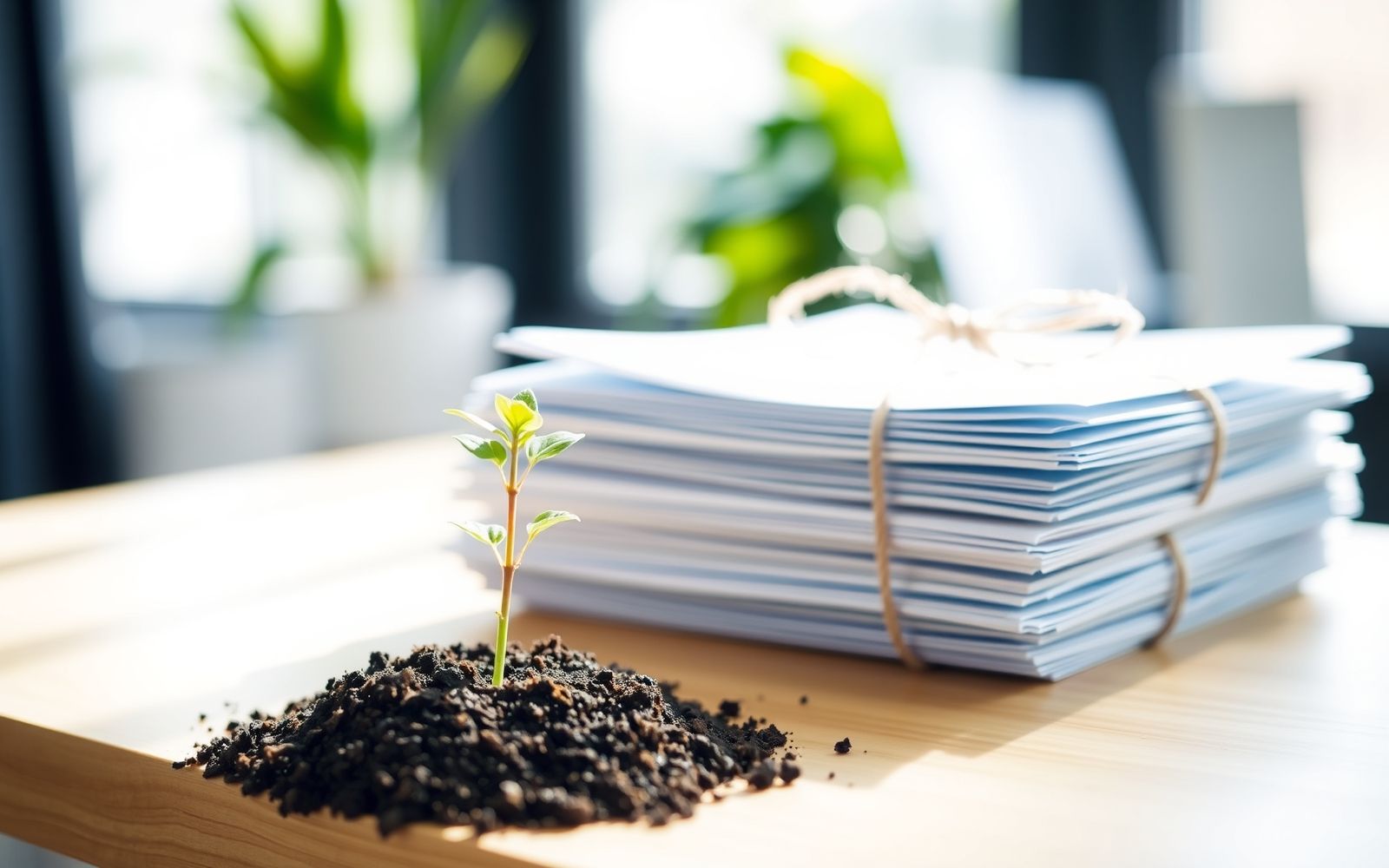 Hopeful sprout growing next to documents representing student loan forgiveness programs paperwork.
