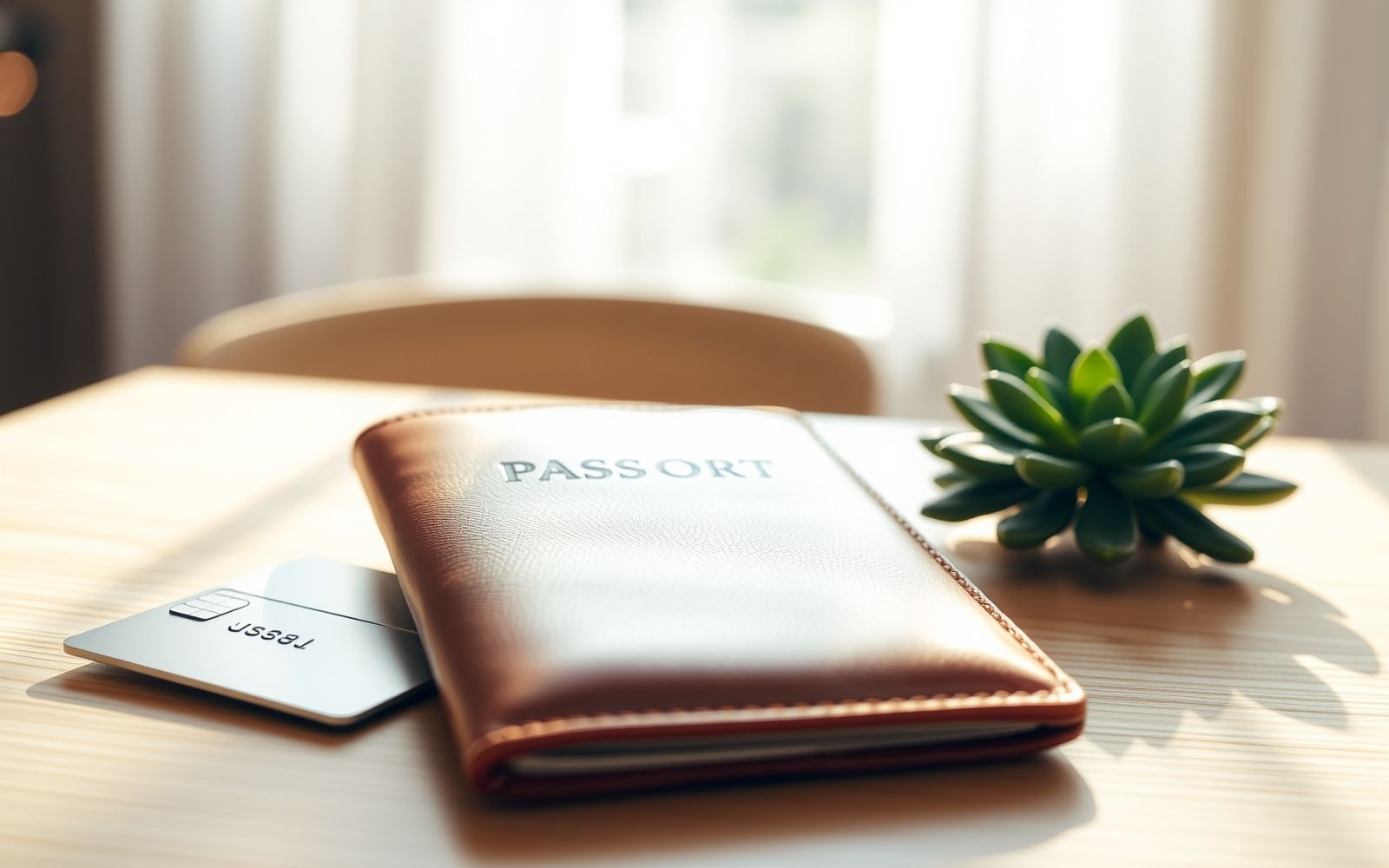 A passport holder and generic travel credit card resting on a bright surface, symbolizing planning travel with credit cards.